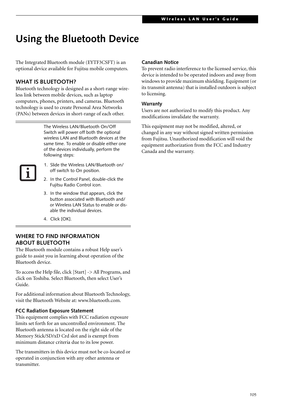 Using the bluetooth device, What is bluetooth, Where to find information about bluetooth | Fujitsu Siemens Computers LifeBook S2210 User Manual | Page 116 / 132