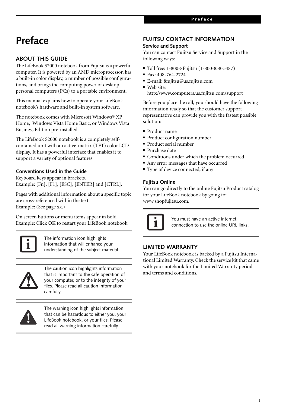 Preface, About this guide, Fujitsu contact information | Limited warranty | Fujitsu Siemens Computers LifeBook S2210 User Manual | Page 12 / 132