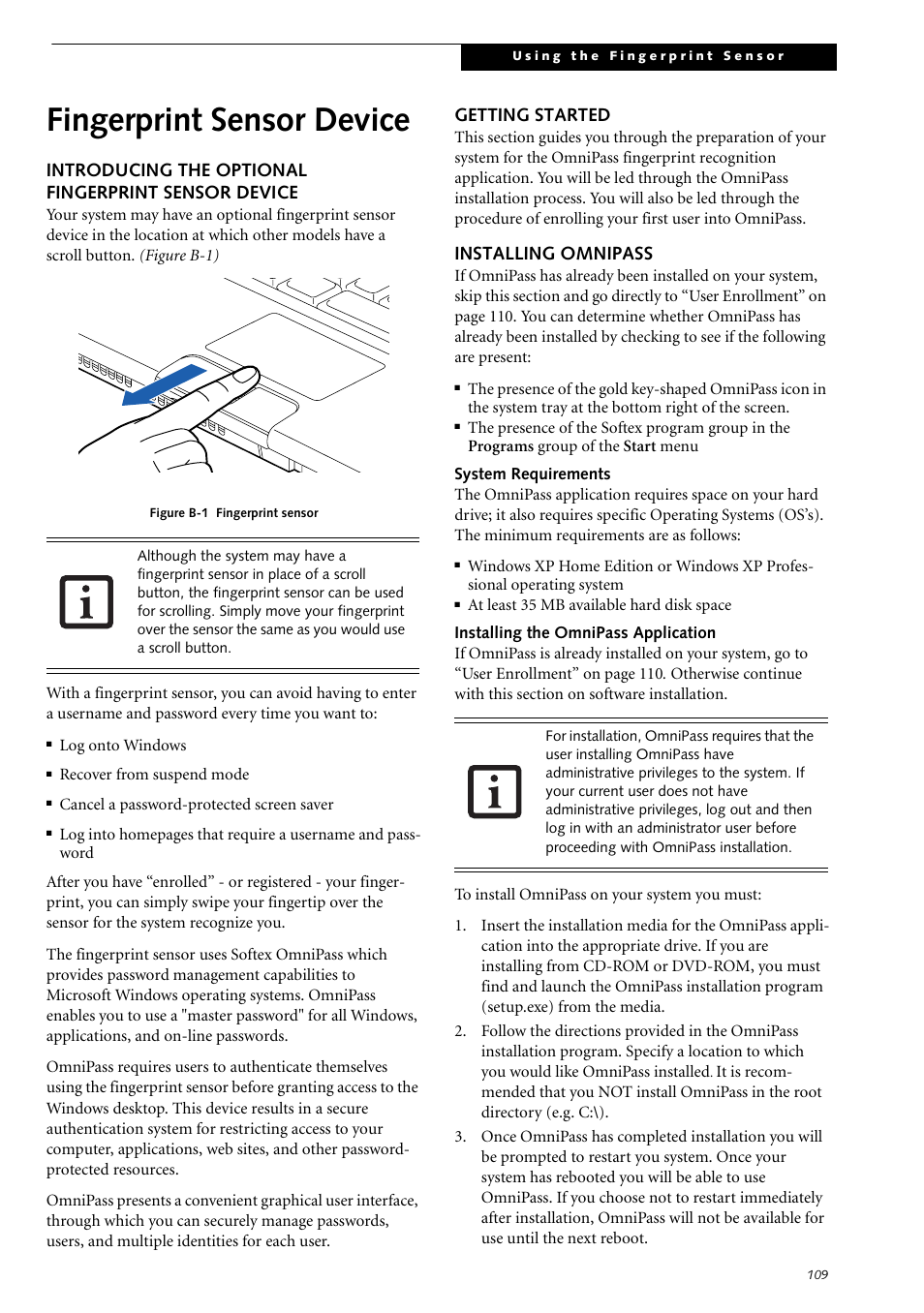 Fingerprint sensor device, Introducing the optional fingerprint sensor device, Getting started | Installing omnipass | Fujitsu Siemens Computers LifeBook S2210 User Manual | Page 120 / 132