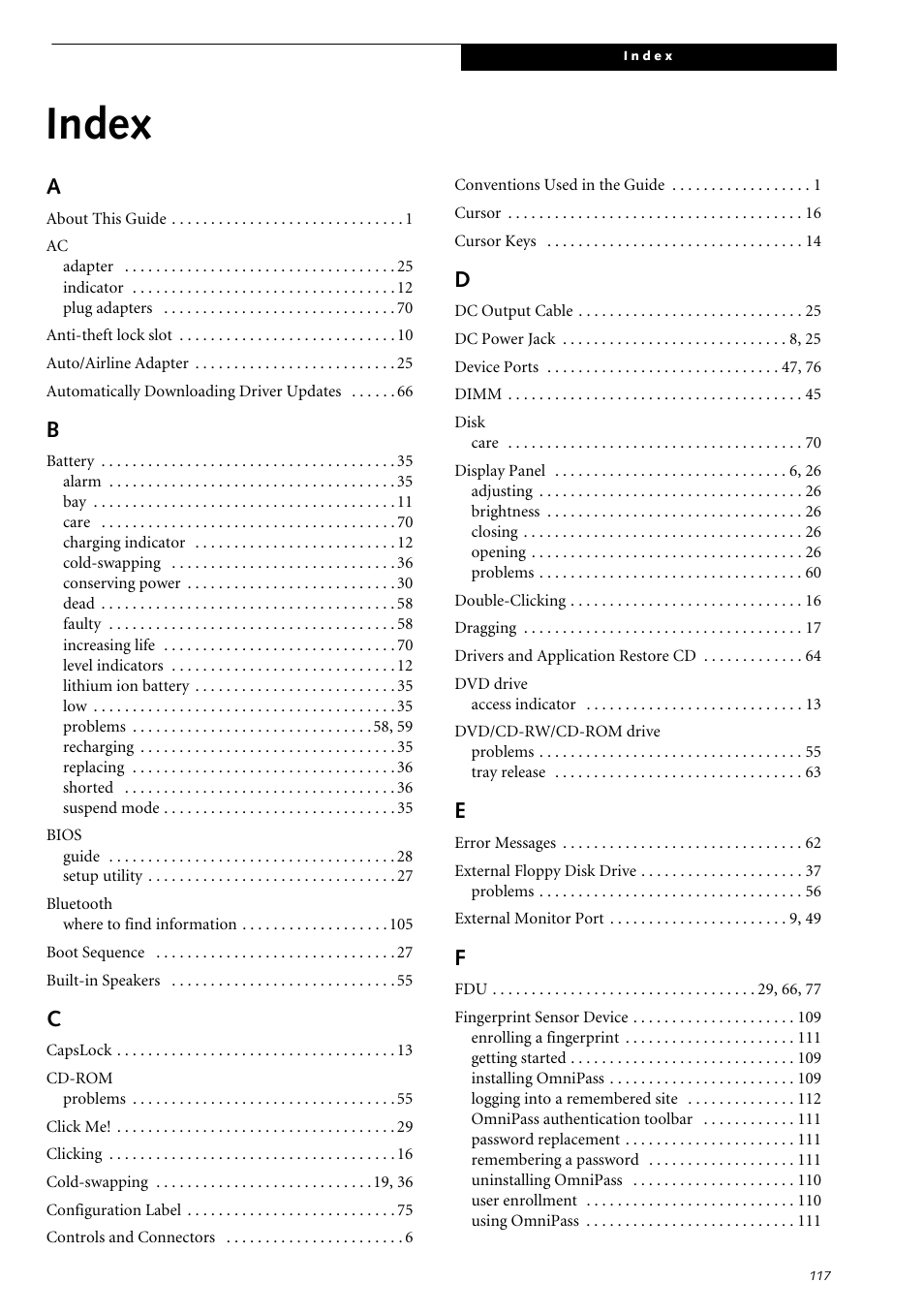 Index | Fujitsu Siemens Computers LifeBook S2210 User Manual | Page 128 / 132