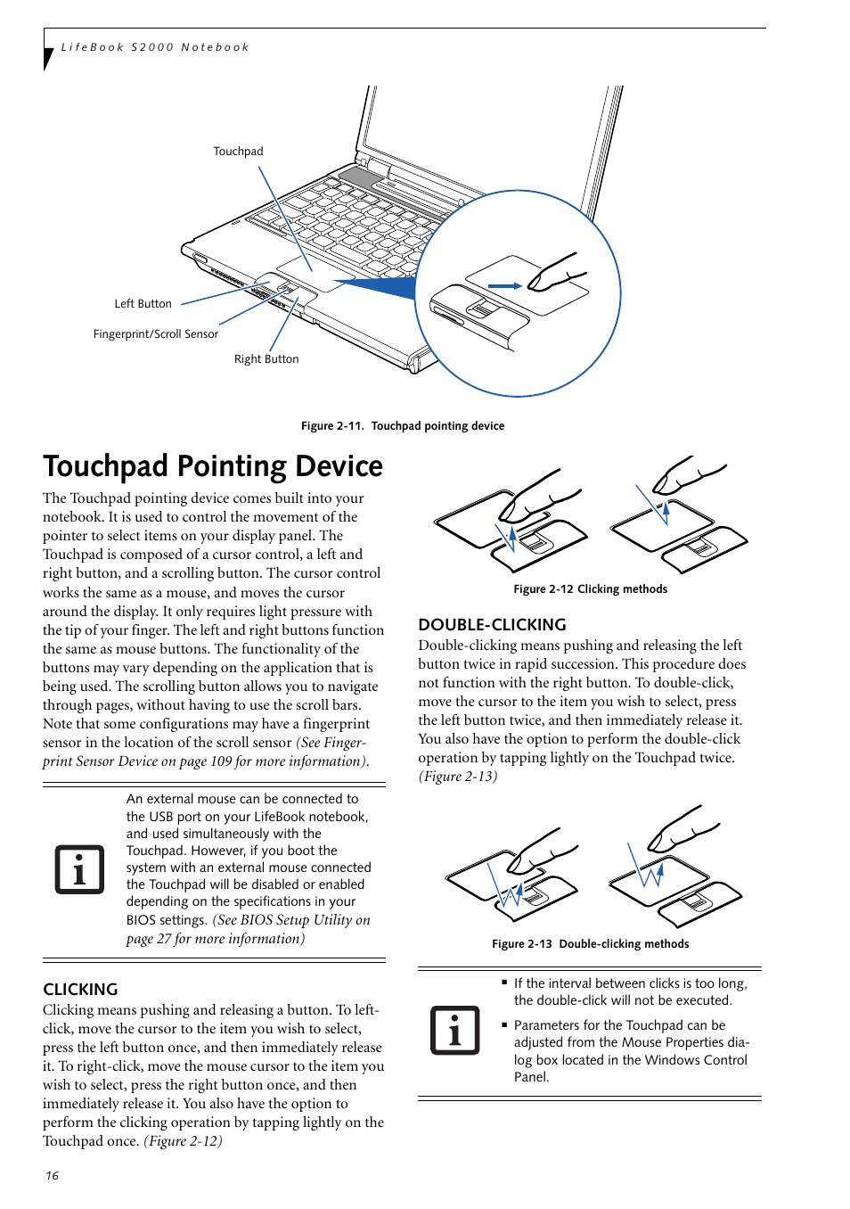 Touchpad pointing device, Clicking, Double-clicking | Clicking double-clicking | Fujitsu Siemens Computers LifeBook S2210 User Manual | Page 27 / 132