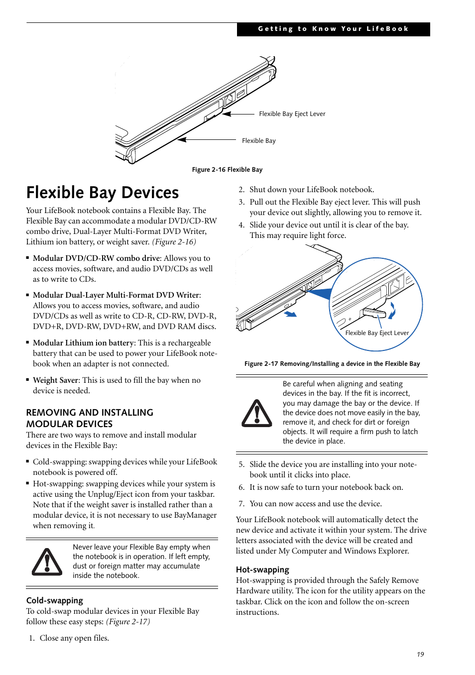 Flexible bay devices, Removing and installing modular devices | Fujitsu Siemens Computers LifeBook S2210 User Manual | Page 30 / 132