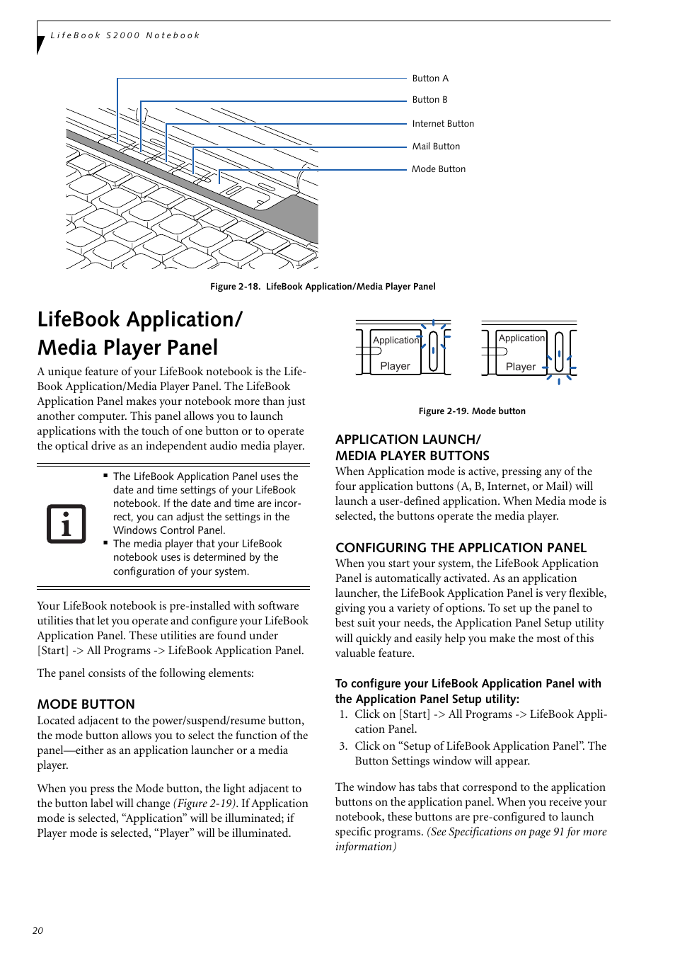 Lifebook application/ media player panel, Mode button, Application launch/ media player buttons | Configuring the application panel, Application/media player panel | Fujitsu Siemens Computers LifeBook S2210 User Manual | Page 31 / 132