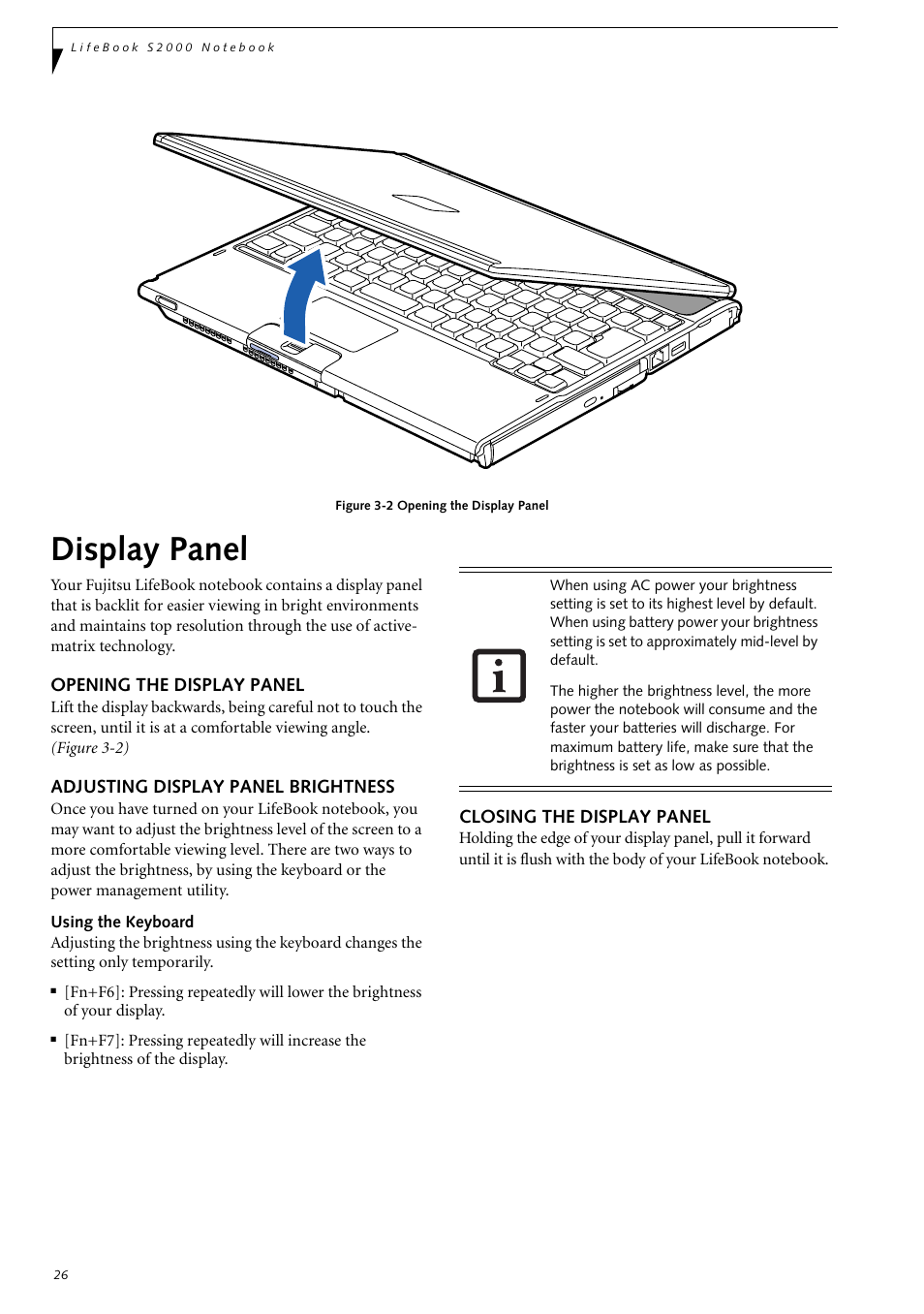 Display panel, Opening the display panel, Adjusting display panel brightness | Closing the display panel | Fujitsu Siemens Computers LifeBook S2210 User Manual | Page 37 / 132