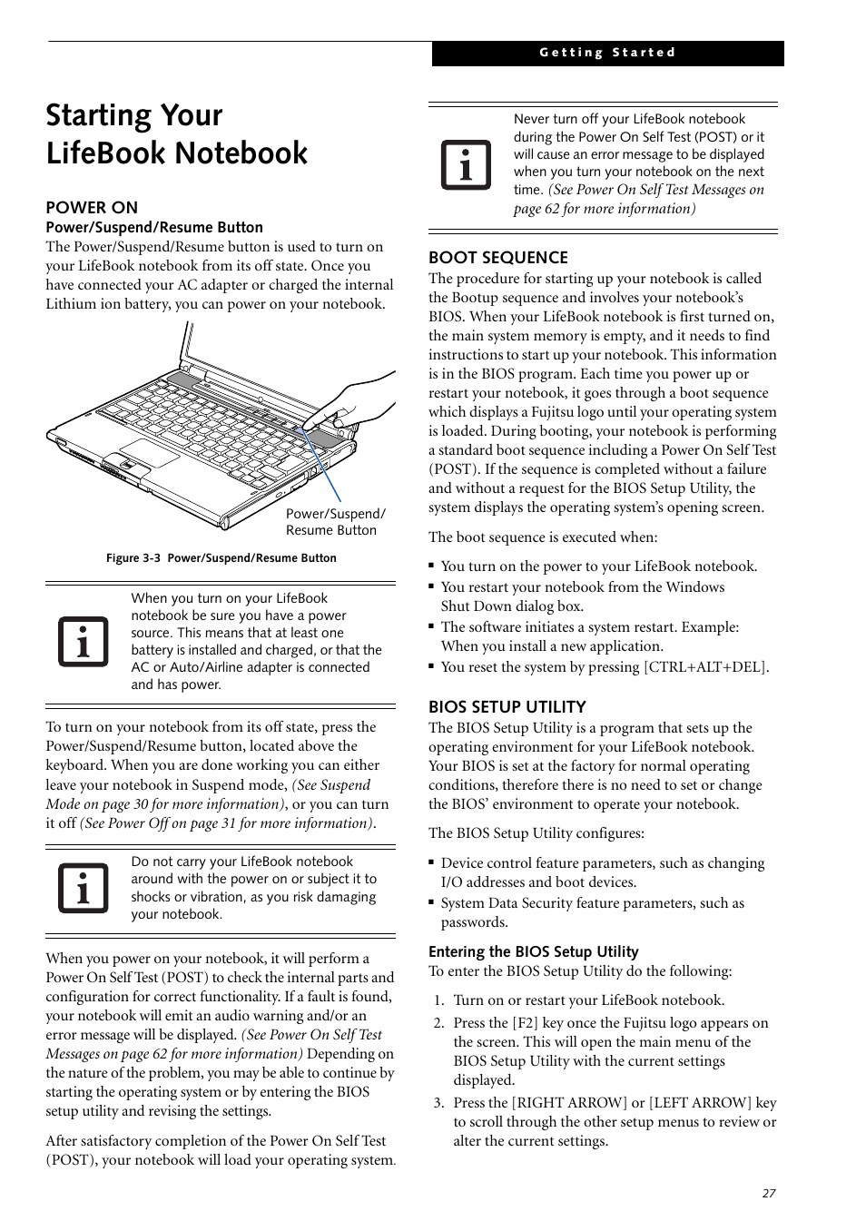 Starting your lifebook notebook, Power on, Boot sequence | Bios setup utility, Power on boot sequence bios setup utility, See bios setup utility on | Fujitsu Siemens Computers LifeBook S2210 User Manual | Page 38 / 132