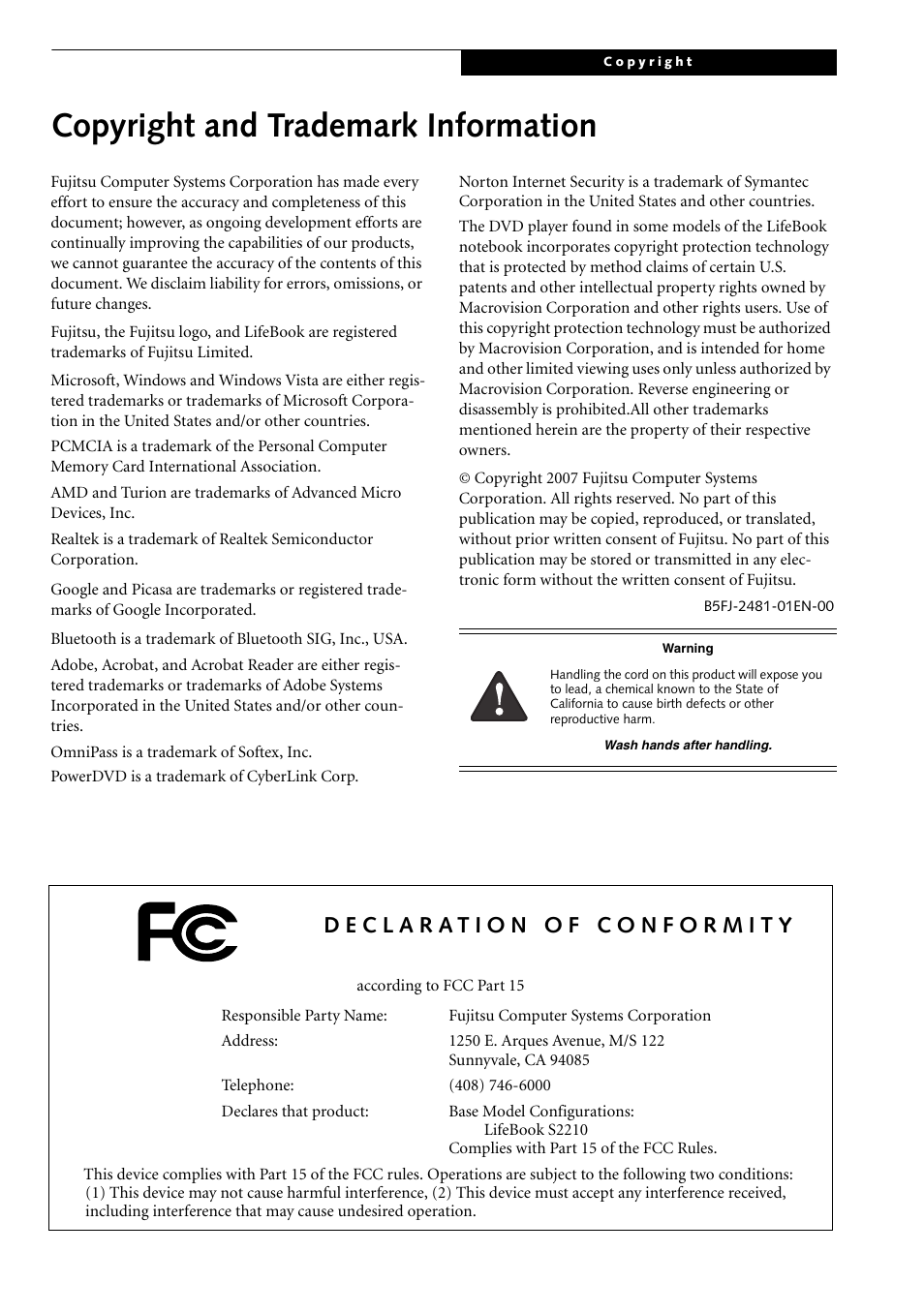 Copyright and trademark information | Fujitsu Siemens Computers LifeBook S2210 User Manual | Page 4 / 132