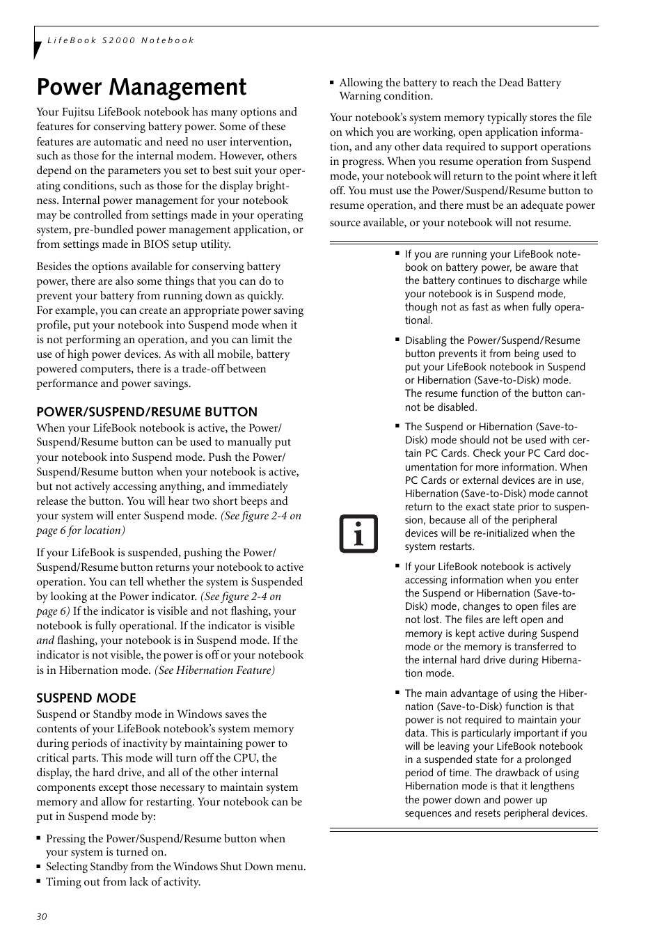 Power management, Power/suspend/resume button, Suspend mode | Power/suspend/resume button suspend mode | Fujitsu Siemens Computers LifeBook S2210 User Manual | Page 41 / 132