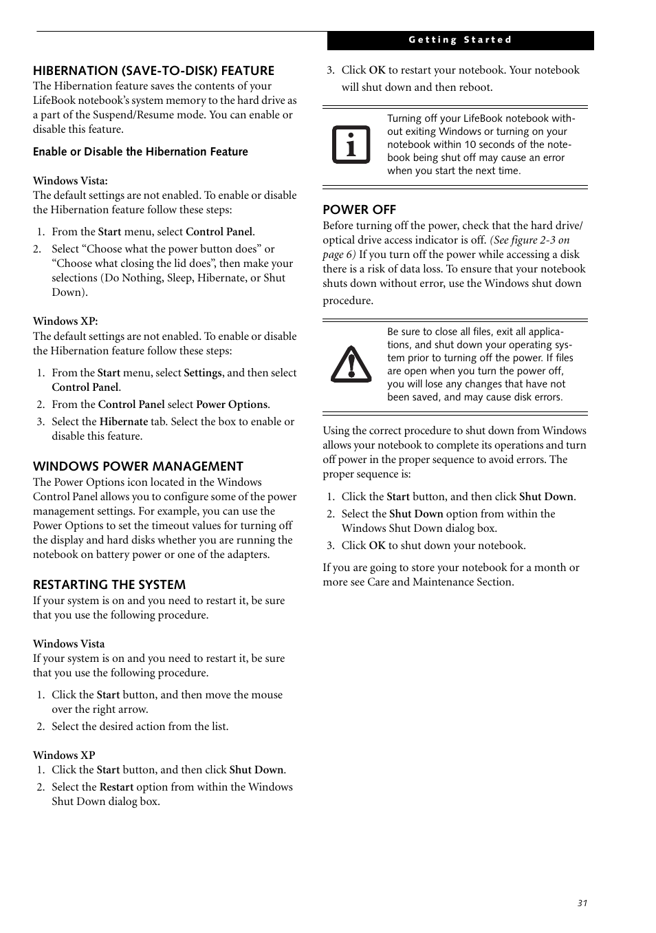 Hibernation (save-to-disk) feature, Windows power management, Restarting the system | Power off | Fujitsu Siemens Computers LifeBook S2210 User Manual | Page 42 / 132