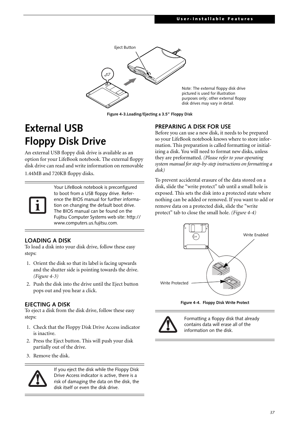 External usb floppy disk drive, Loading a disk, Ejecting a disk | Preparing a disk for use, Loading/ejecting a disk preparing a disk for use | Fujitsu Siemens Computers LifeBook S2210 User Manual | Page 48 / 132