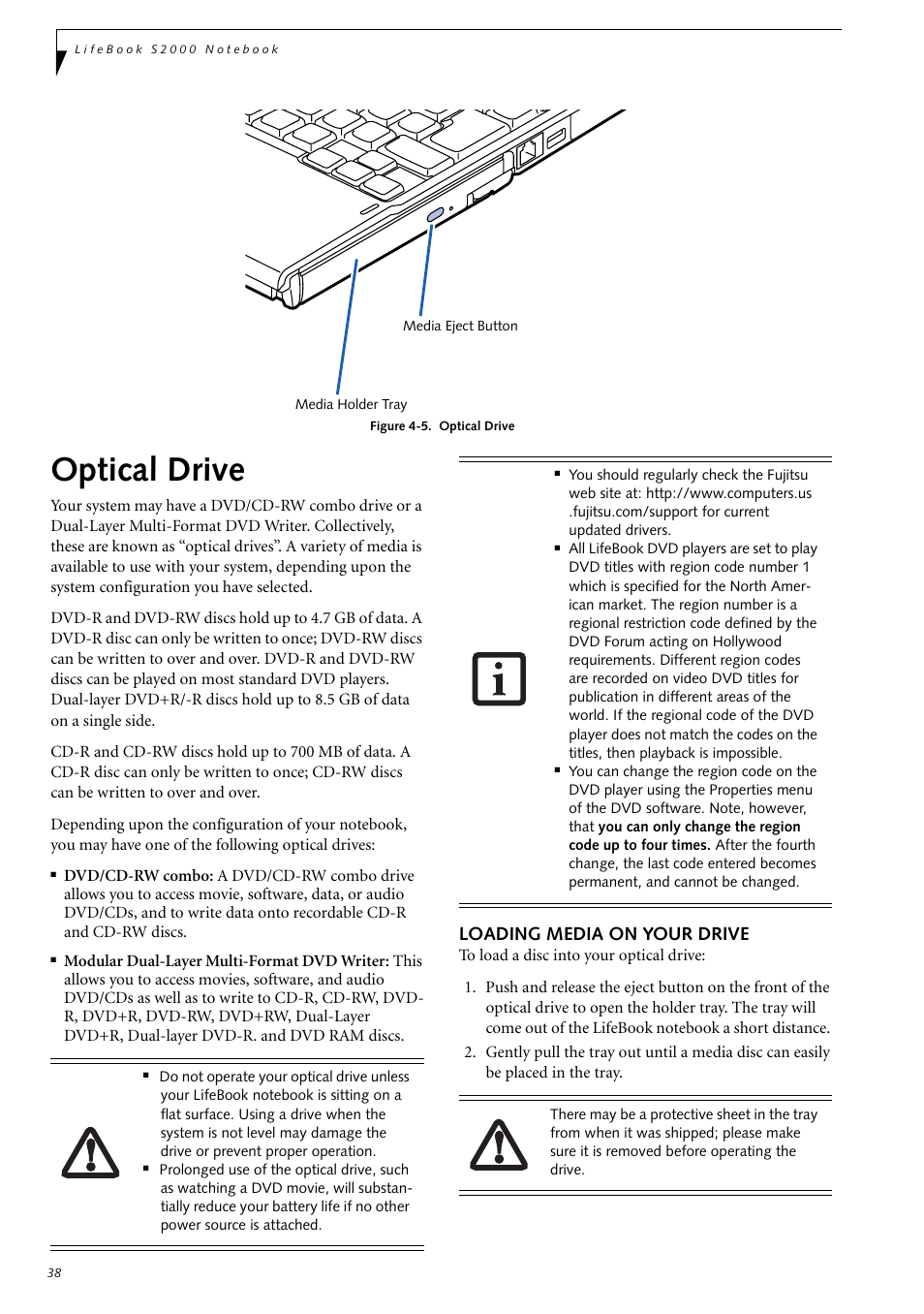 Optical drive, Loading media on your drive | Fujitsu Siemens Computers LifeBook S2210 User Manual | Page 49 / 132