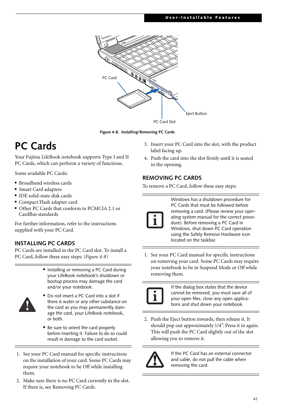 Pc cards, Installing pc cards, Removing pc cards | Installing/removing pc cards | Fujitsu Siemens Computers LifeBook S2210 User Manual | Page 52 / 132