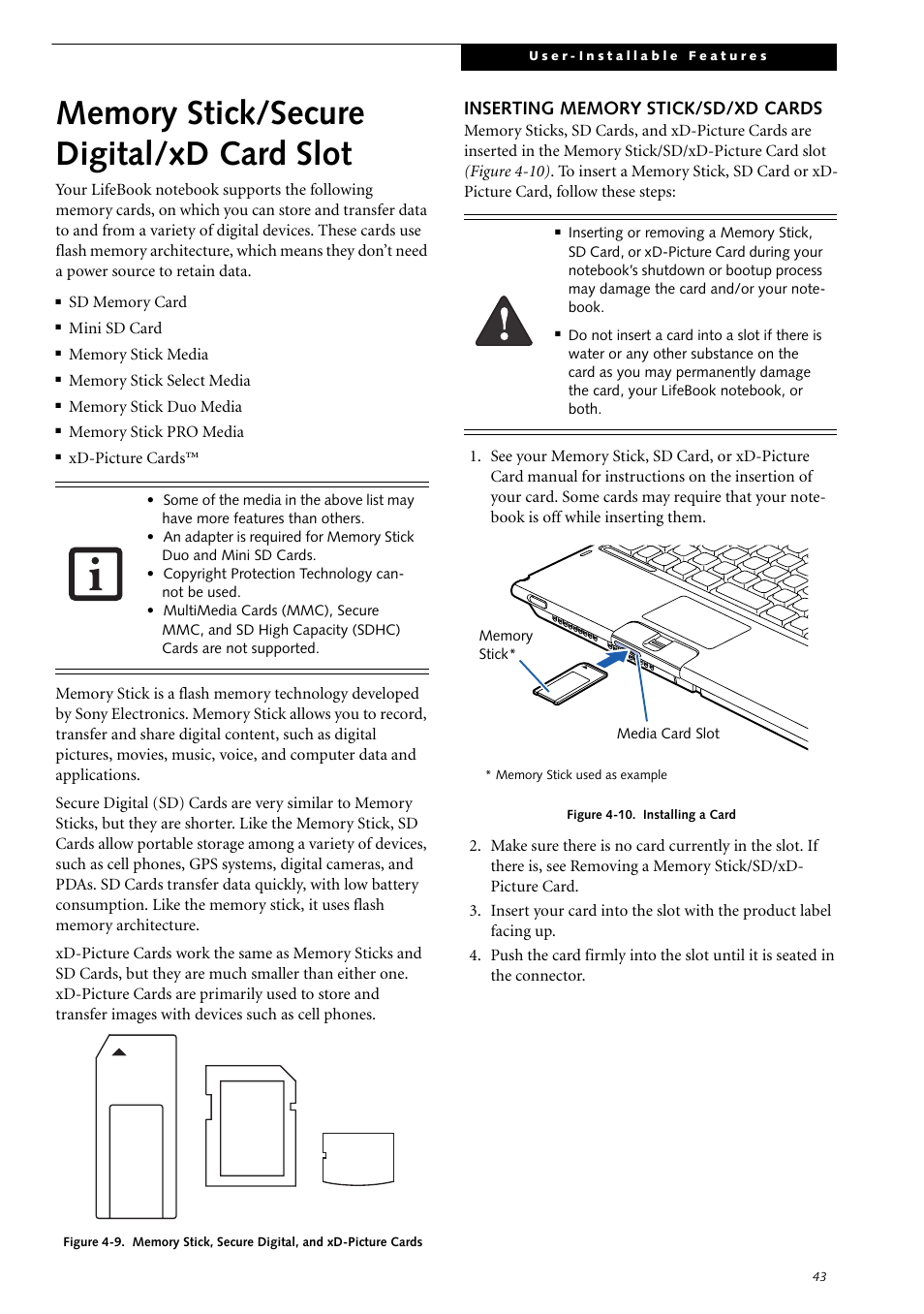 Memory stick/secure digital/xd card slot, Inserting memory stick/sd/xd cards, Memory stick/sd/xd card slot | Fujitsu Siemens Computers LifeBook S2210 User Manual | Page 54 / 132