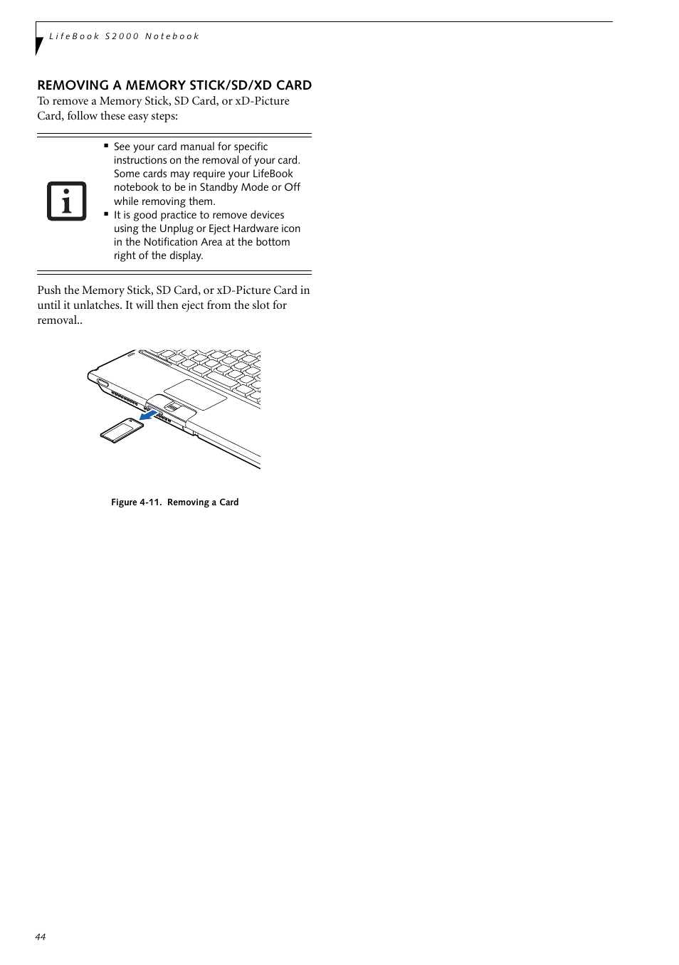 Removing a memory stick/sd/xd card | Fujitsu Siemens Computers LifeBook S2210 User Manual | Page 55 / 132