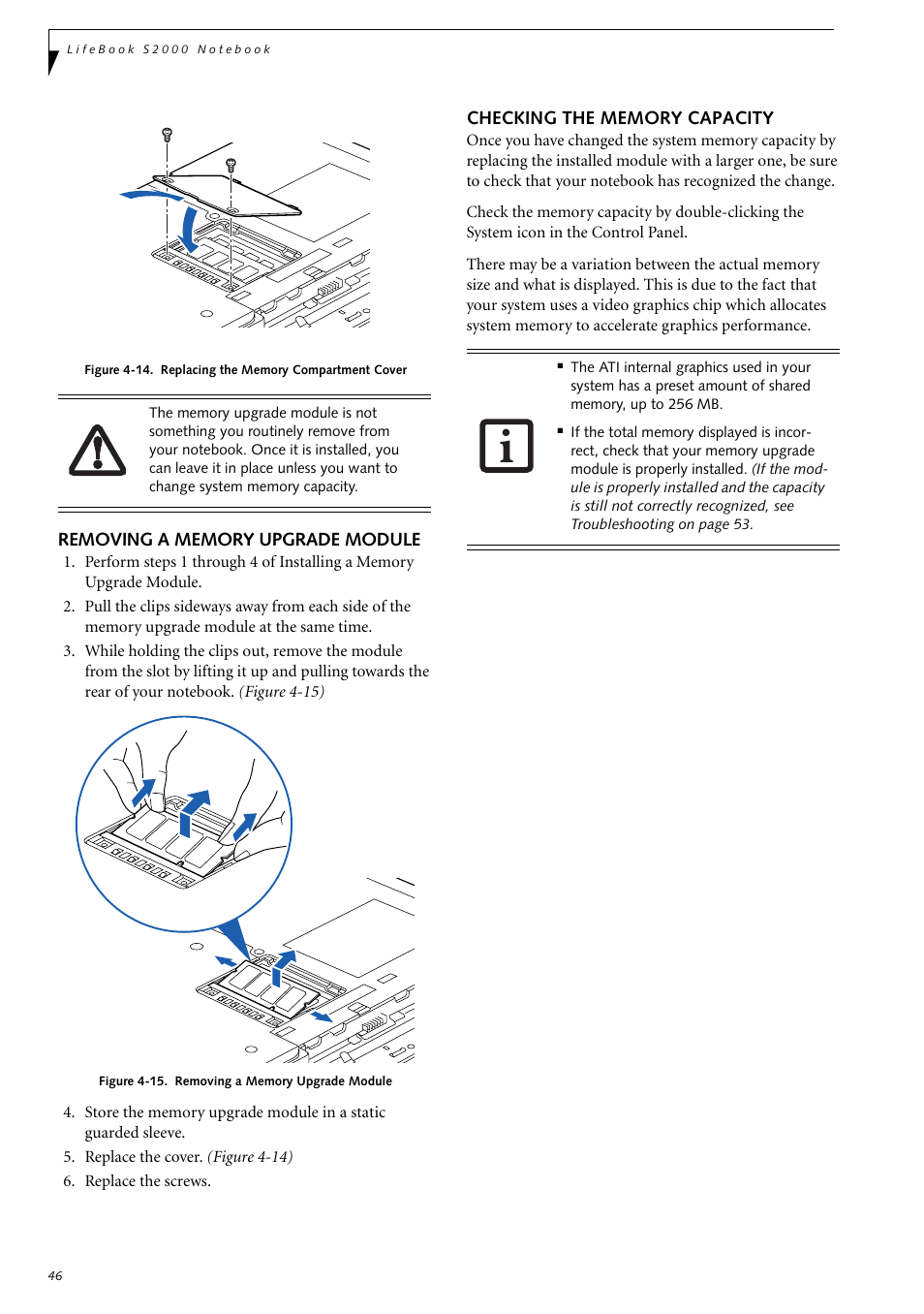 Removing a memory upgrade module, Checking the memory capacity | Fujitsu Siemens Computers LifeBook S2210 User Manual | Page 57 / 132