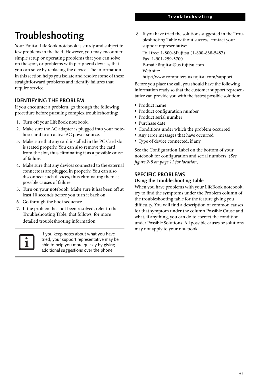 Troubleshooting, Identifying the problem, Specific problems | Identifying the problem specific problems | Fujitsu Siemens Computers LifeBook S2210 User Manual | Page 64 / 132