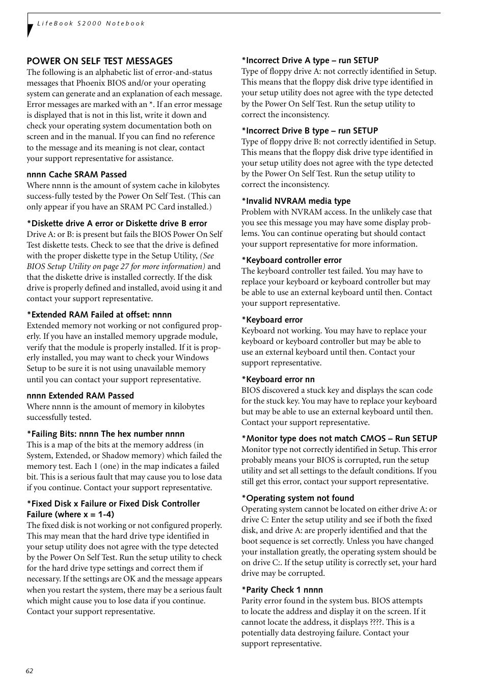 Power on self test messages, See power on self test messages on | Fujitsu Siemens Computers LifeBook S2210 User Manual | Page 73 / 132