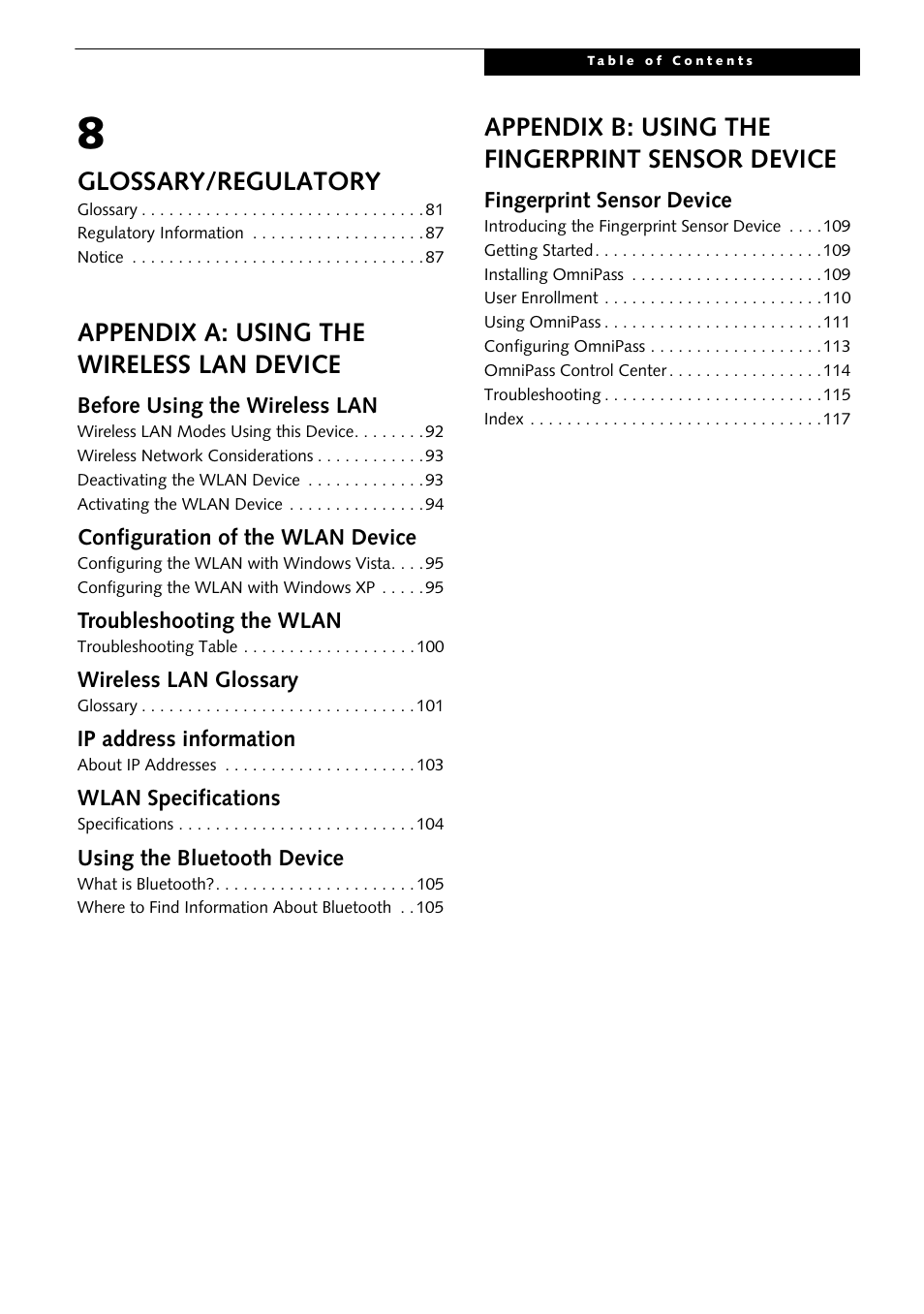 Glossary/regulatory, Appendix a: using the wireless lan device, Appendix b: using the fingerprint sensor device | Fujitsu Siemens Computers LifeBook S2210 User Manual | Page 8 / 132