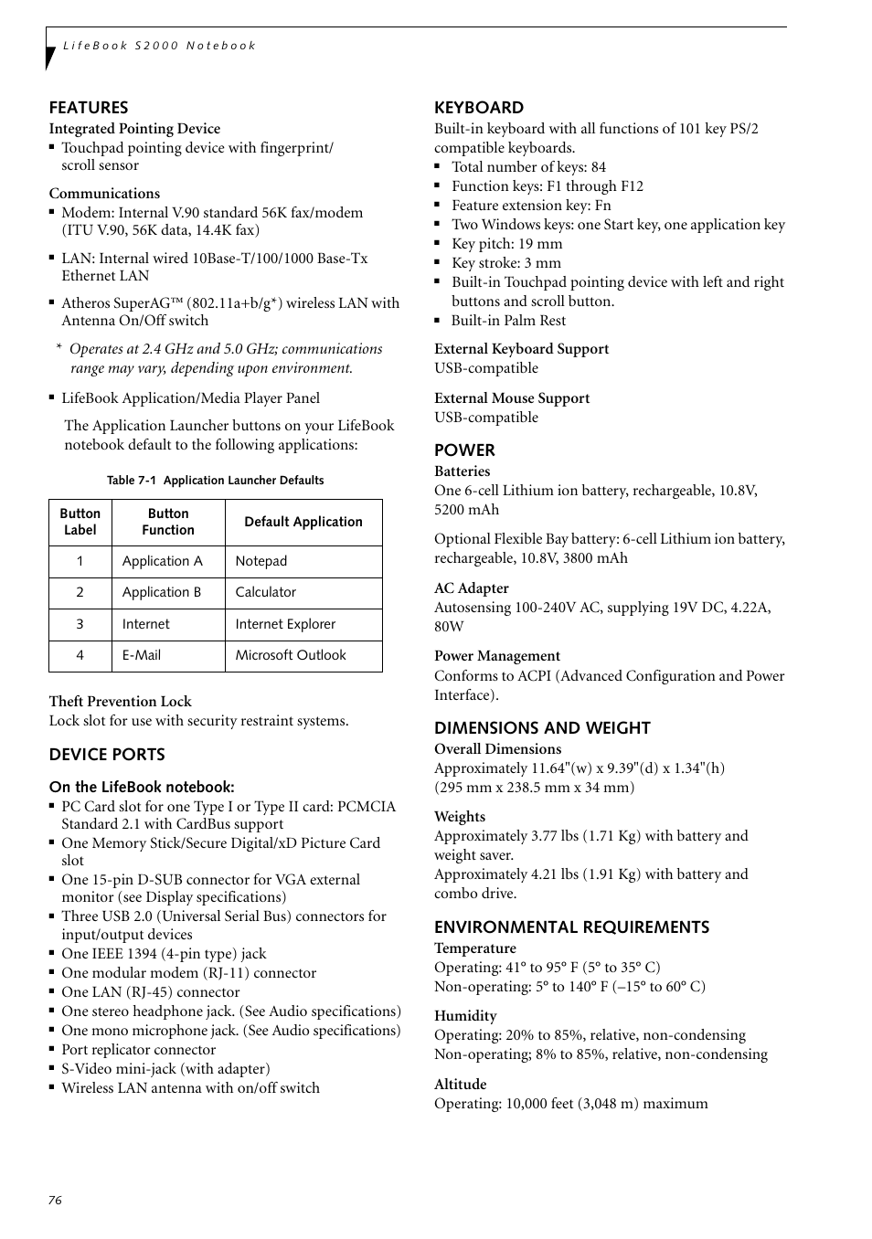 Features, Device ports, Keyboard | Power, Dimensions and weight, Environmental requirements | Fujitsu Siemens Computers LifeBook S2210 User Manual | Page 87 / 132
