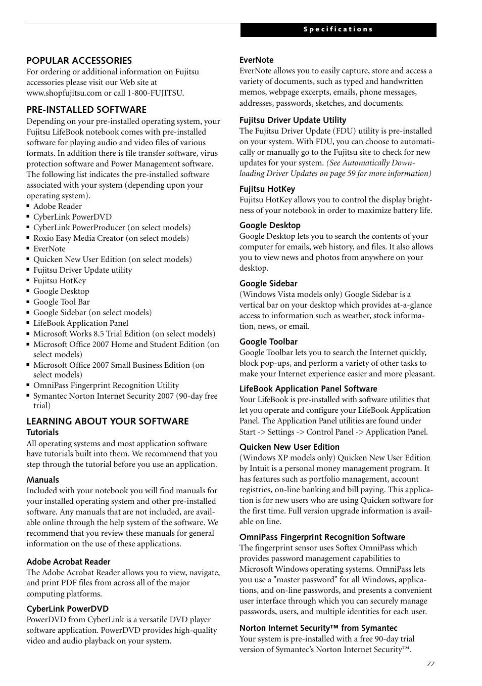 Popular accessories, Pre-installed software, Learning about your software | Popular accessories pre-installed software | Fujitsu Siemens Computers LifeBook S2210 User Manual | Page 88 / 132