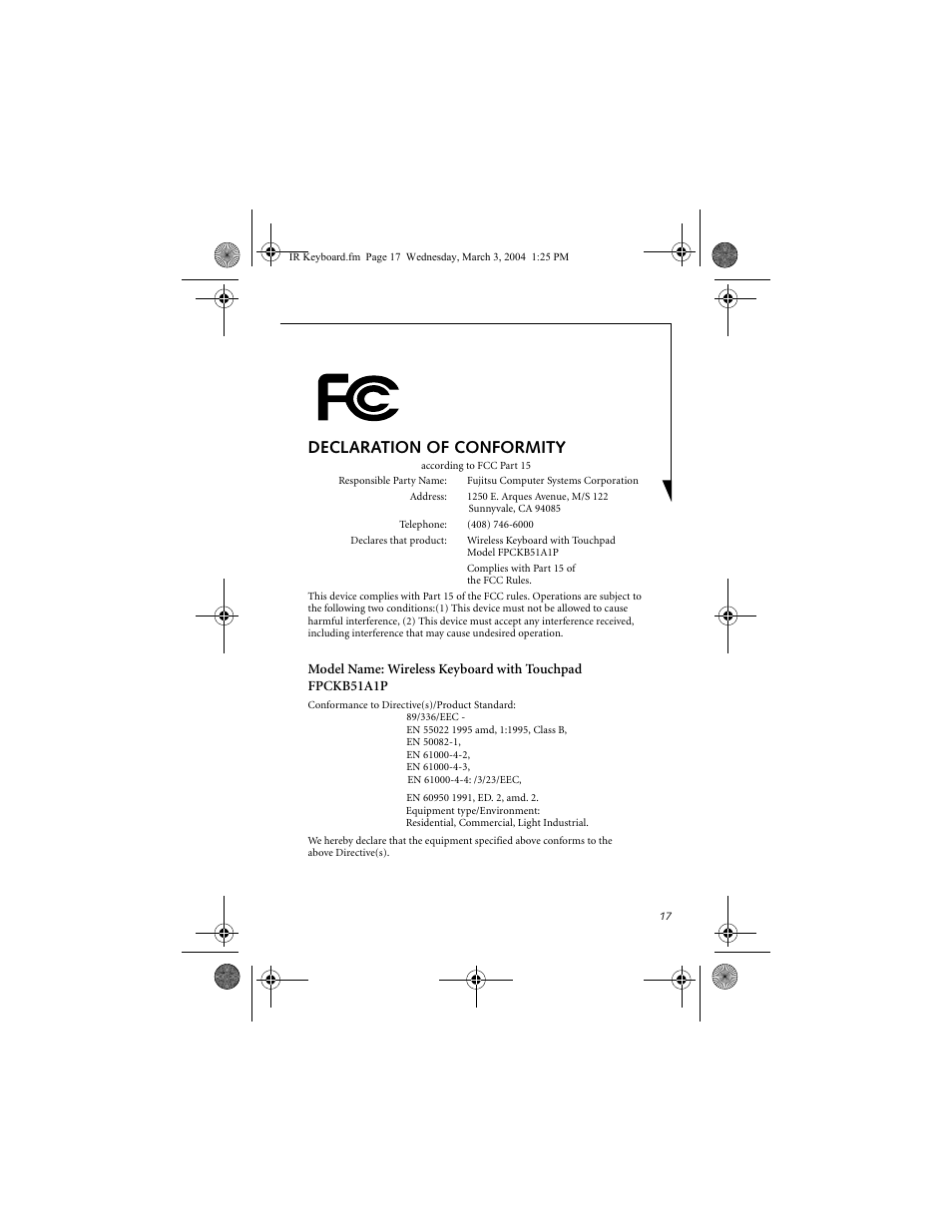 Declaration of conformity | Fujitsu Siemens Computers FPCKB51A1P User Manual | Page 17 / 20