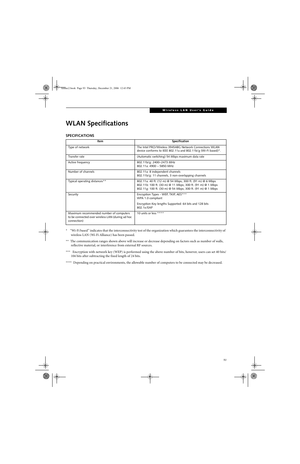 Wlan specifications | Fujitsu Siemens Computers LifeBook A6020 User Manual | Page 103 / 120