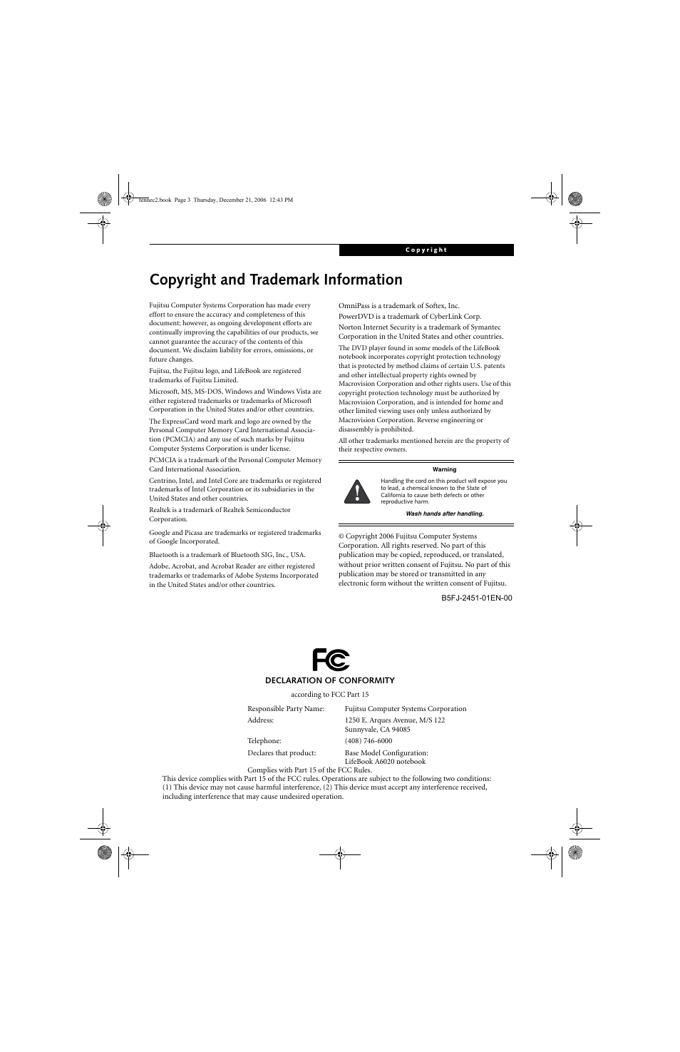 Copyright and trademark information | Fujitsu Siemens Computers LifeBook A6020 User Manual | Page 3 / 120