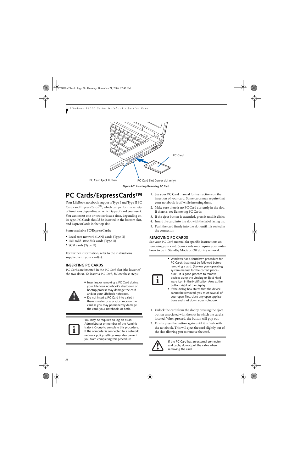 Pc cards/expresscards | Fujitsu Siemens Computers LifeBook A6020 User Manual | Page 48 / 120