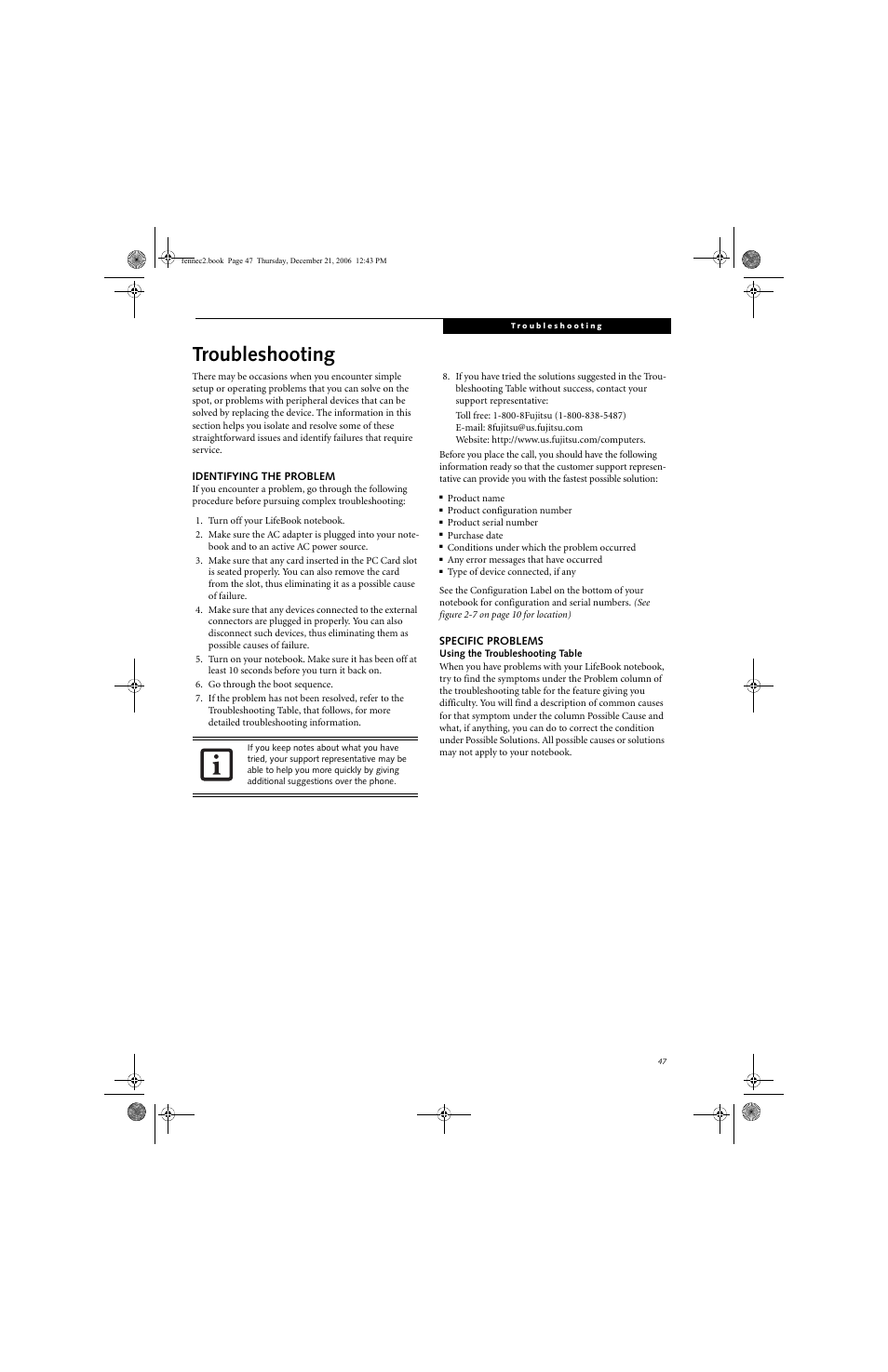 Troubleshooting | Fujitsu Siemens Computers LifeBook A6020 User Manual | Page 57 / 120