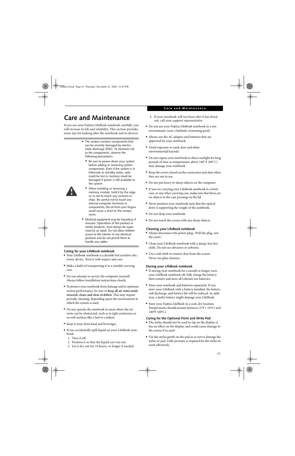 Care and maintenance | Fujitsu Siemens Computers LifeBook A6020 User Manual | Page 73 / 120