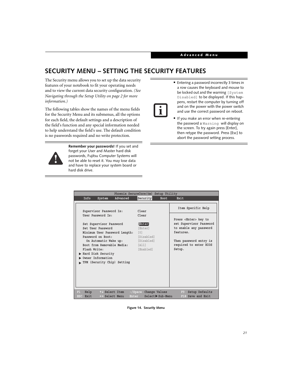 Security menu – setting the security features | Fujitsu Siemens Computers S7220 User Manual | Page 21 / 28