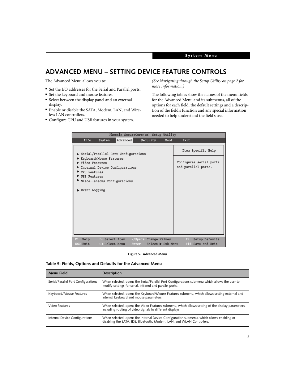 Advanced menu – setting device feature controls | Fujitsu Siemens Computers S7220 User Manual | Page 9 / 28