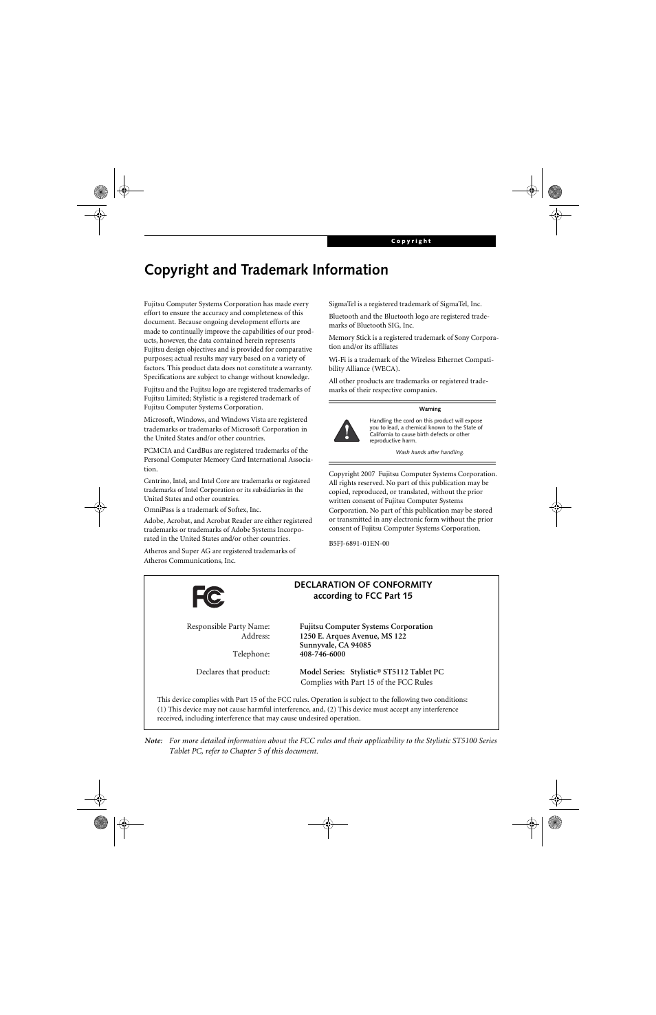 Copyright and trademark information | Fujitsu Siemens Computers Stylistic ST5112 User Manual | Page 3 / 96