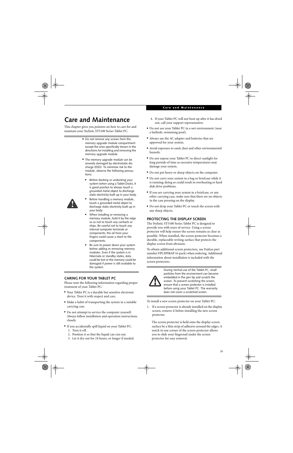 Care and maintenance | Fujitsu Siemens Computers Stylistic ST5112 User Manual | Page 47 / 96