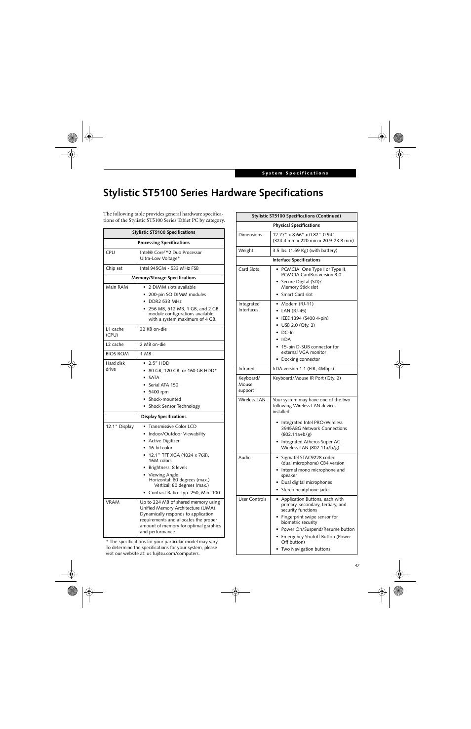 Stylistic st5100 series hardware specifications | Fujitsu Siemens Computers Stylistic ST5112 User Manual | Page 55 / 96