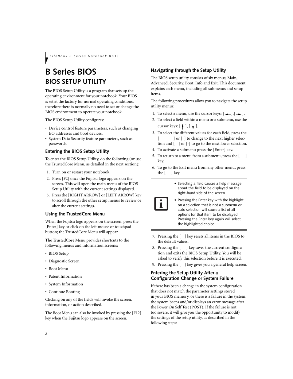 Bios setup utility, Entering the bios setup utility, Using the trustedcore menu | Navigating through the setup utility, B series bios | Fujitsu Siemens Computers LifeBook B6220 User Manual | Page 2 / 29