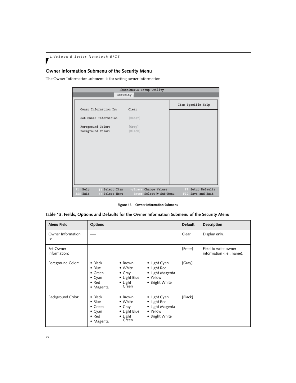 Owner information submenu of the security menu | Fujitsu Siemens Computers LifeBook B6220 User Manual | Page 22 / 29