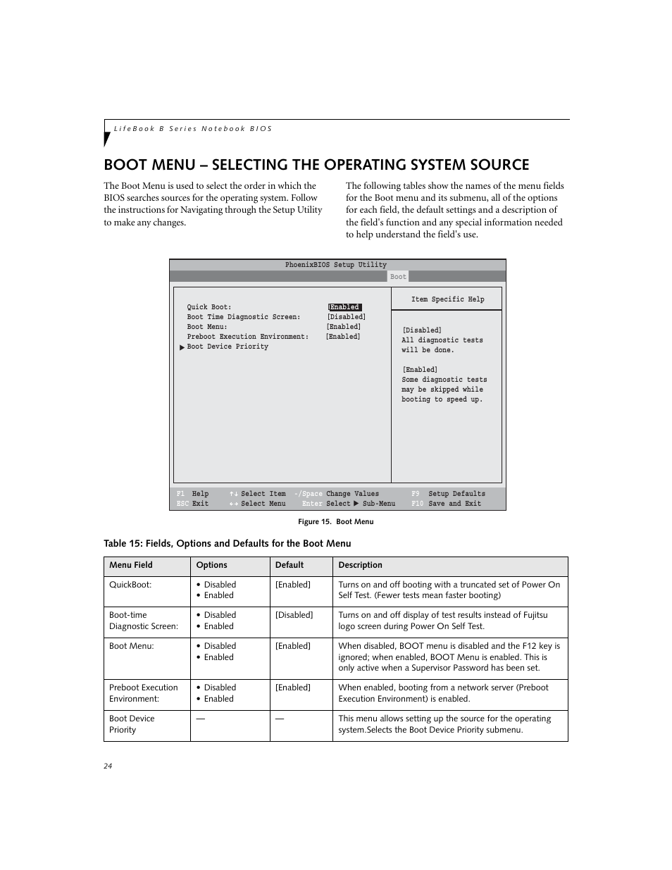 Selecting the operating system source, Boot menu – selecting the operating system source | Fujitsu Siemens Computers LifeBook B6220 User Manual | Page 24 / 29