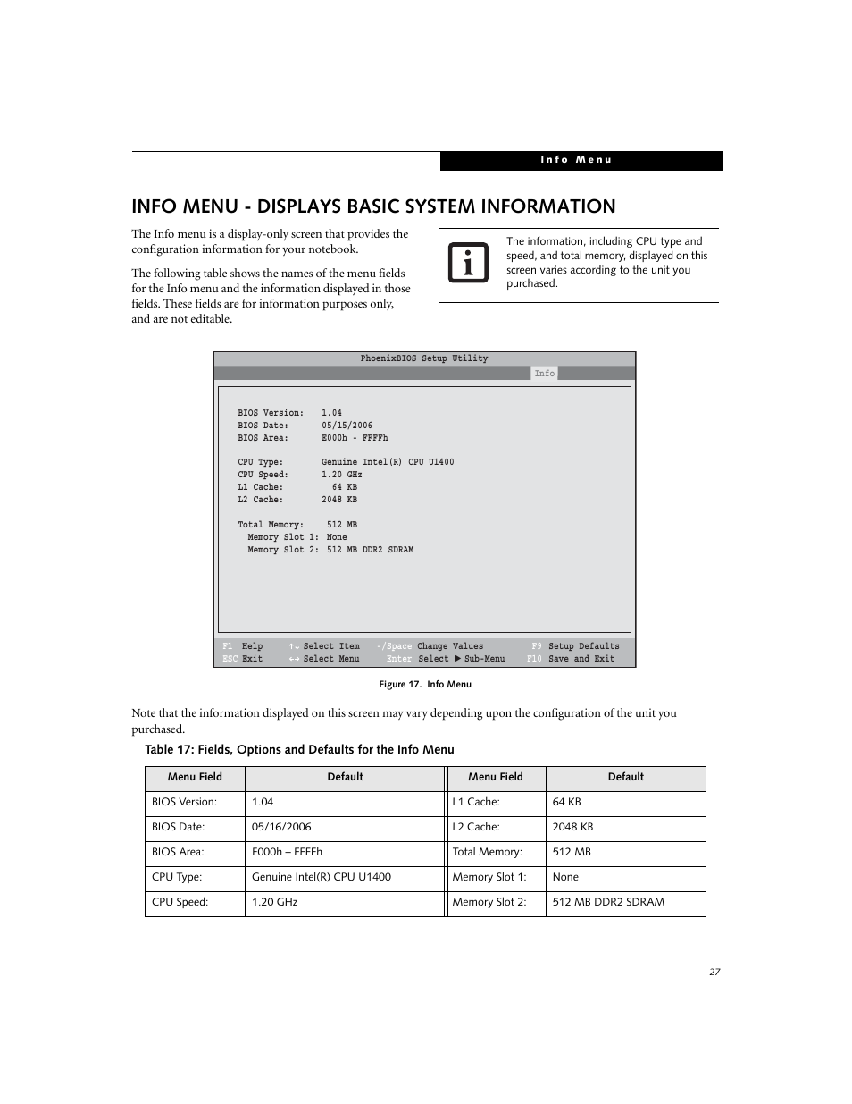 Displays basic system information, Info menu - displays basic system information | Fujitsu Siemens Computers LifeBook B6220 User Manual | Page 27 / 29