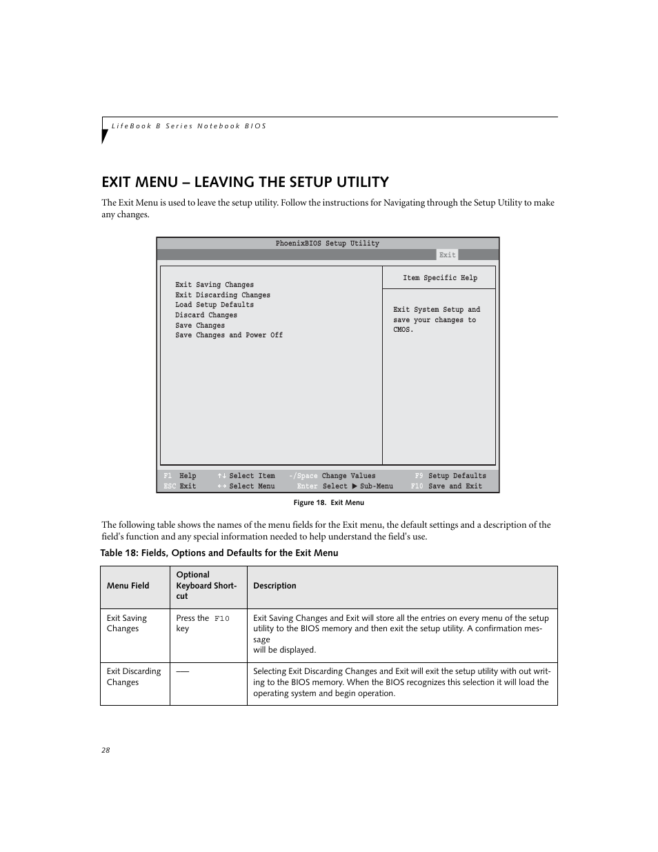 Leaving the setup utility, Exit menu – leaving the setup utility | Fujitsu Siemens Computers LifeBook B6220 User Manual | Page 28 / 29