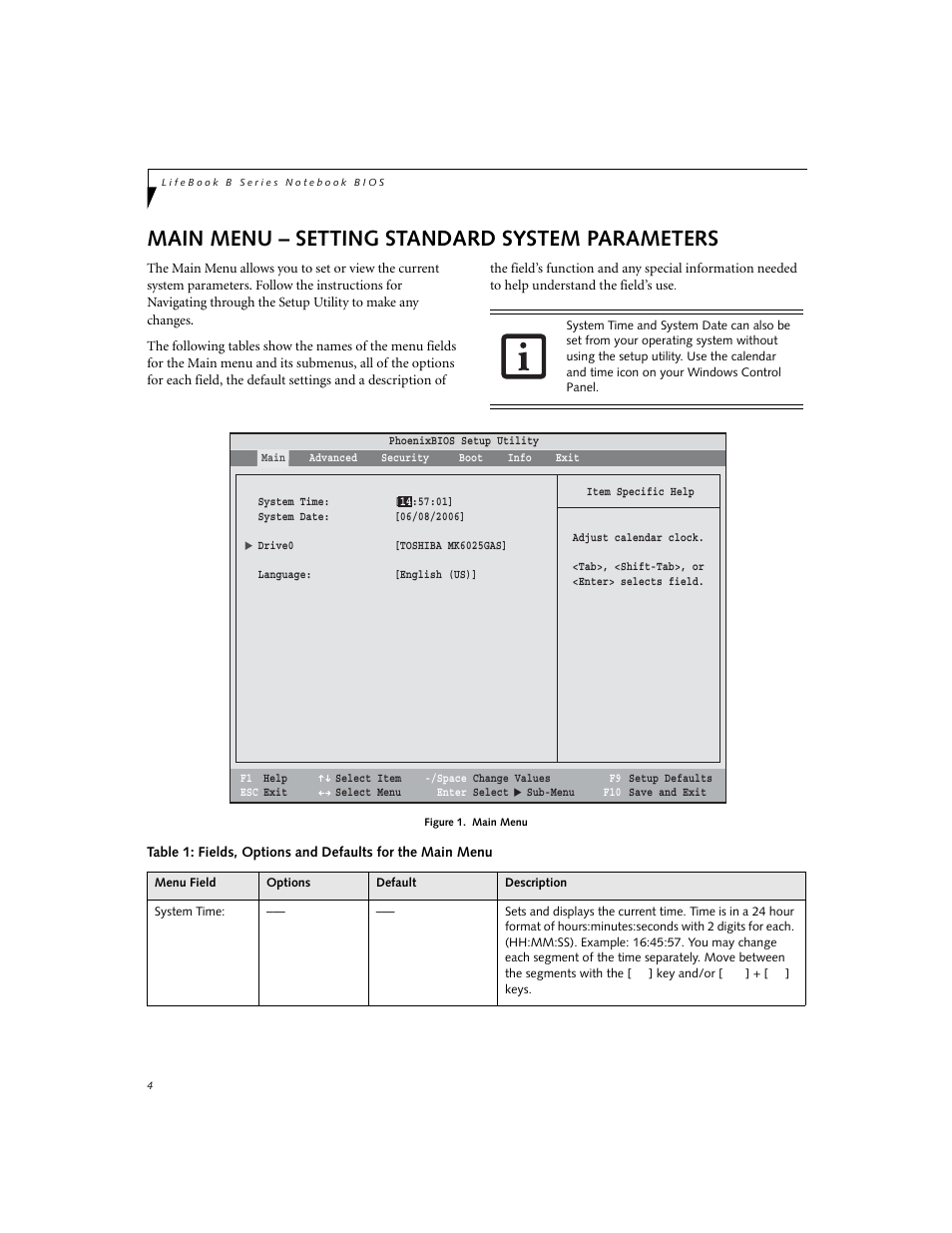 Setting standard system parameters, Main menu – setting standard system parameters | Fujitsu Siemens Computers LifeBook B6220 User Manual | Page 4 / 29