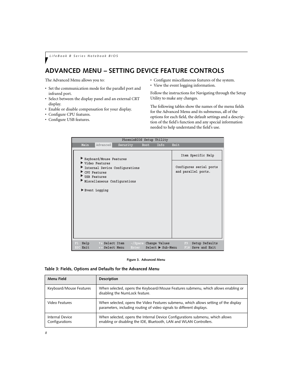 Setting device feature controls, Advanced menu – setting device feature controls | Fujitsu Siemens Computers LifeBook B6220 User Manual | Page 8 / 29