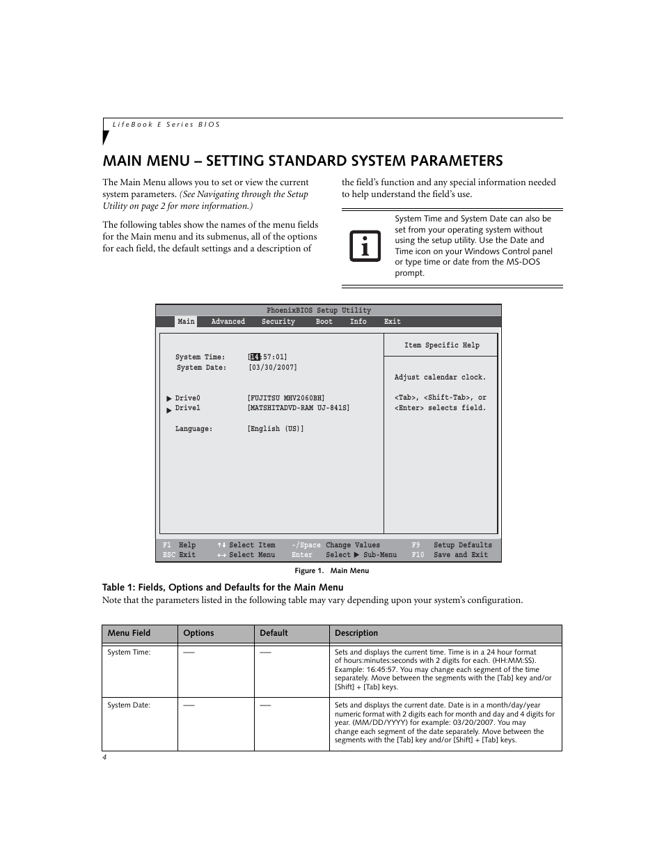 Main menu - setting standard system parameters, Main menu – setting standard system parameters | Fujitsu Siemens Computers LifeBook E Series E8110 User Manual | Page 4 / 29