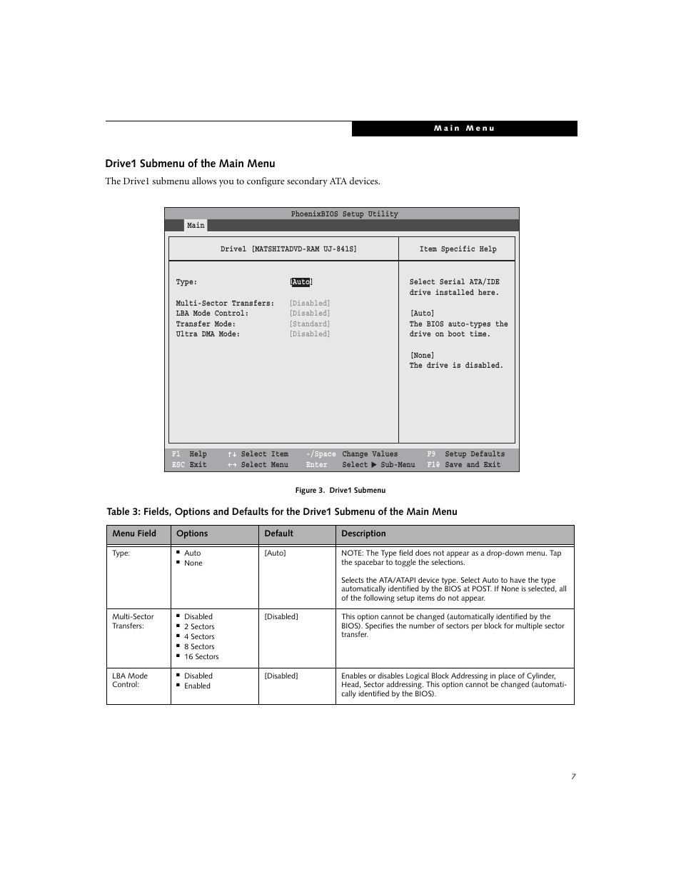 Drive1 submenu of the main menu | Fujitsu Siemens Computers LifeBook E Series E8110 User Manual | Page 7 / 29