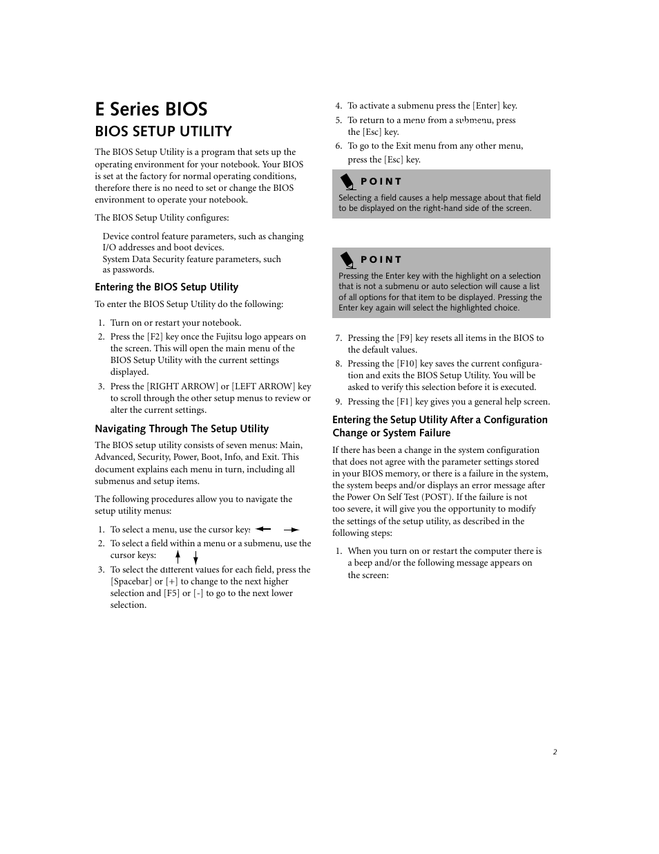 E series bios, Bios setup utility, Entering the bios setup utility | Navigating through the setup utility | Fujitsu Siemens Computers E-6555 User Manual | Page 2 / 40