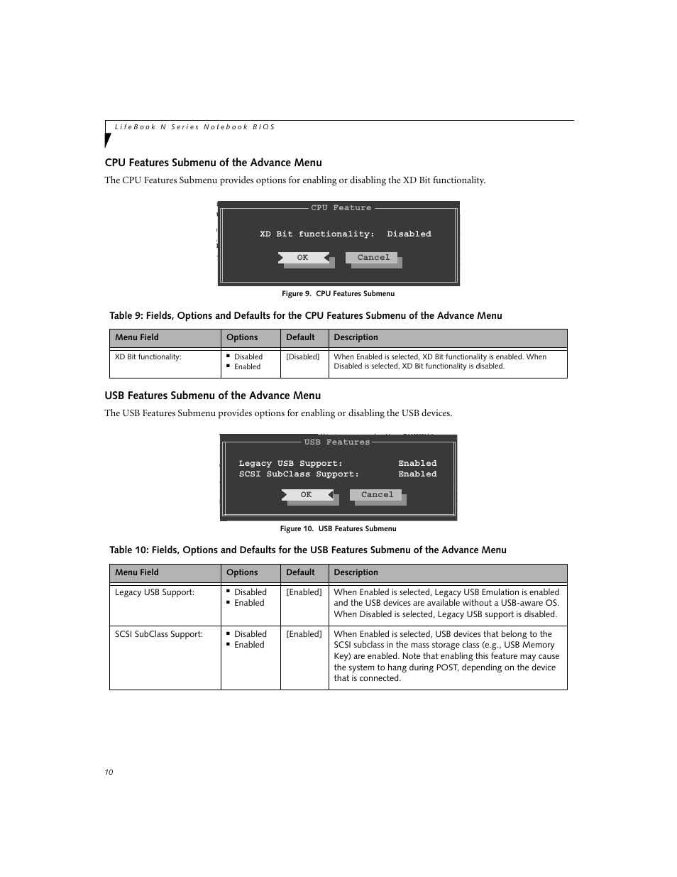 Cpu features submenu of the advance menu, Usb features submenu of the advance menu | Fujitsu Siemens Computers N6210 User Manual | Page 10 / 20