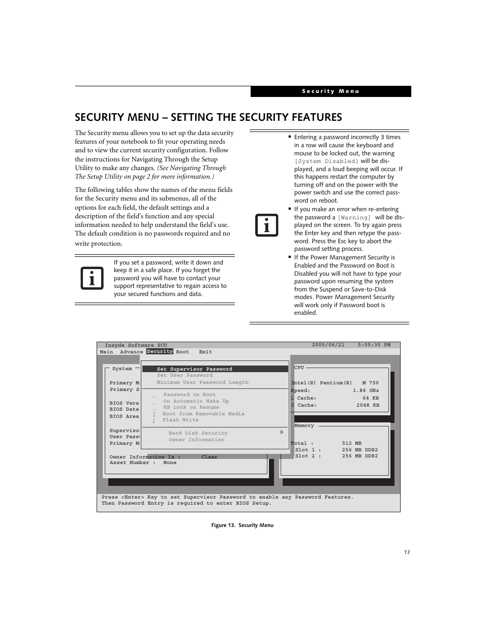 Security menu – setting the security features | Fujitsu Siemens Computers N6210 User Manual | Page 13 / 20