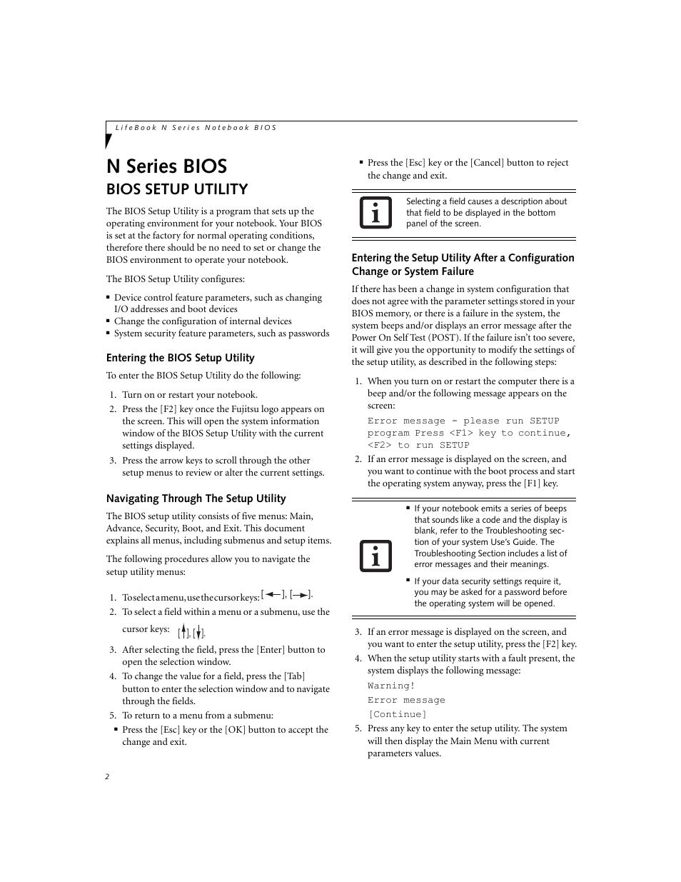 N series bios, Bios setup utility | Fujitsu Siemens Computers N6210 User Manual | Page 2 / 20