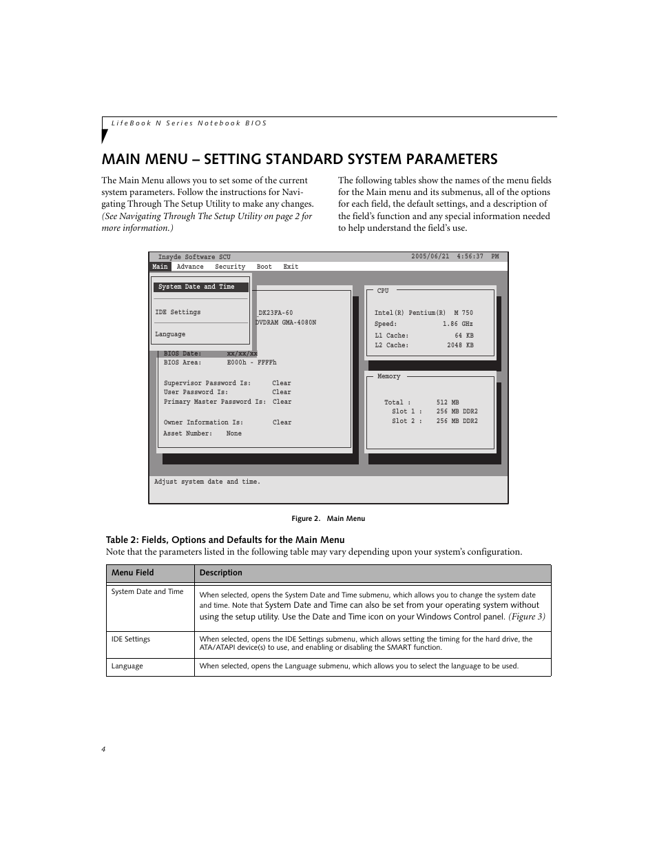 Main menu – setting standard system parameters | Fujitsu Siemens Computers N6210 User Manual | Page 4 / 20