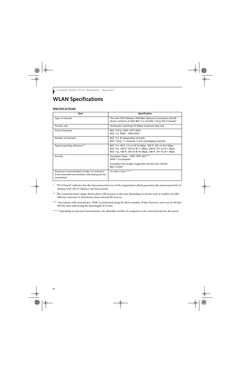Wlan specifications | Fujitsu Siemens Computers LifeBook A6010 User Manual | Page 106 / 128