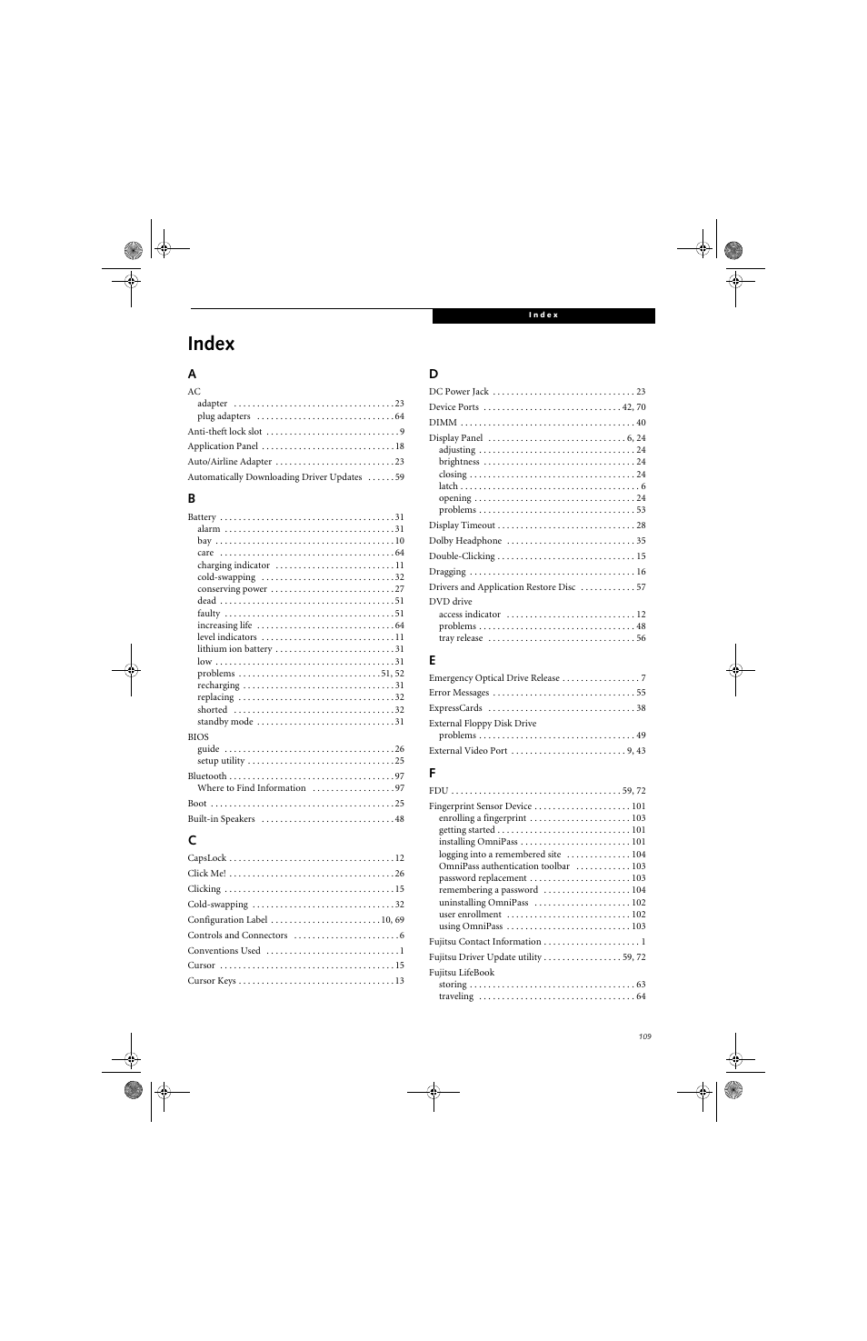 Index | Fujitsu Siemens Computers LifeBook A6010 User Manual | Page 119 / 128